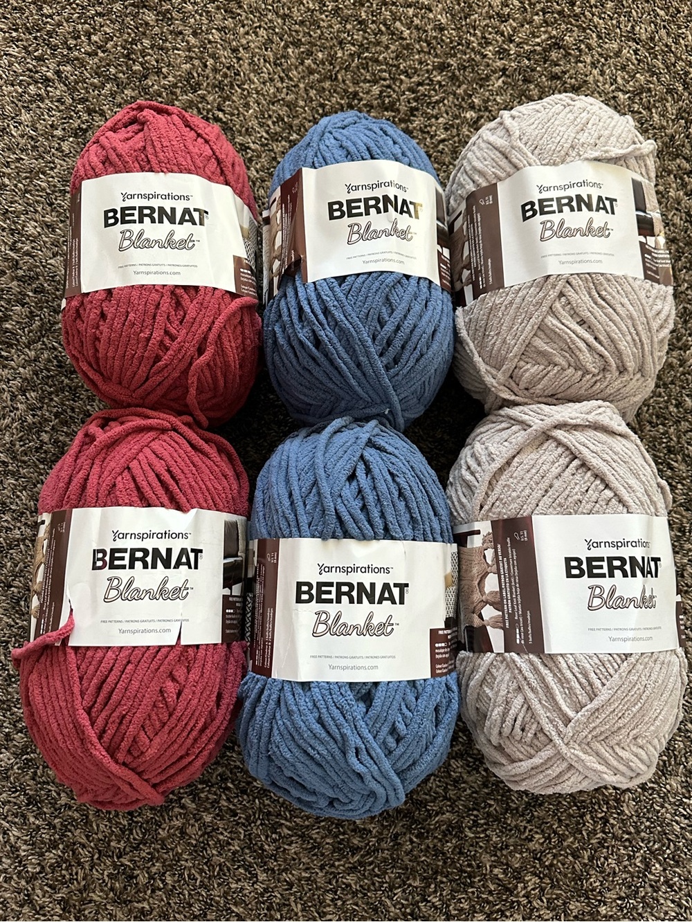 Bernat Blanket Yarn - 6 skeins (pale gray, country blue, merlot) 220 yds